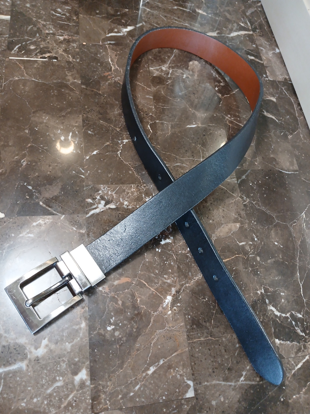 Reversible Black Genuine Leather Belt with Silver Buckle